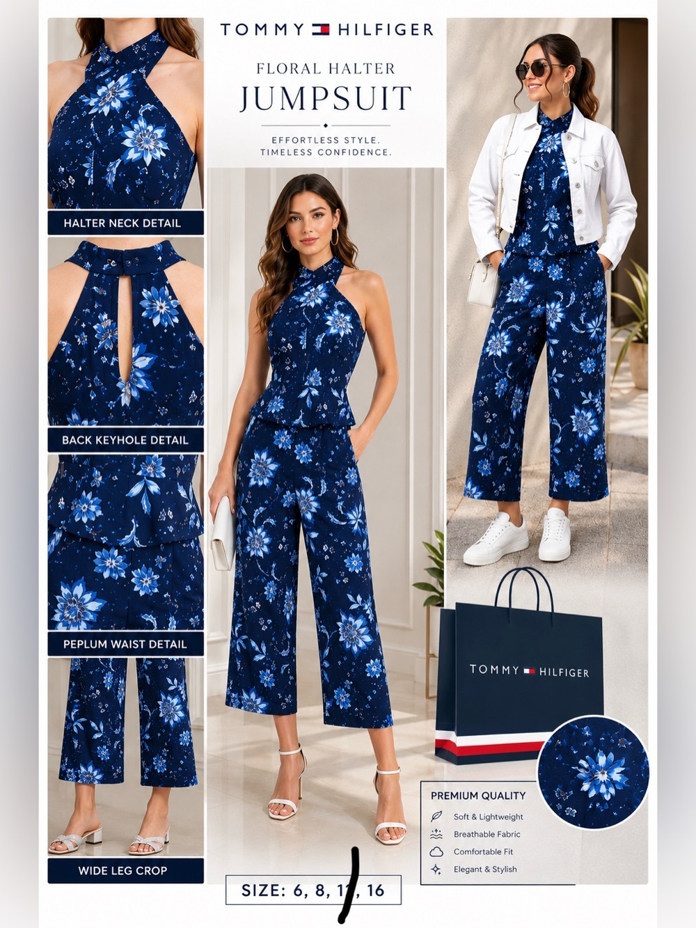 Tommy Hilfiger Navy Blue Floral Halter Jumpsuit